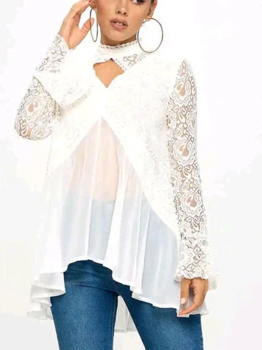 Oh Yes Flowy Lace Trim High Neck Keyhole Tunic Top Long Sleeve White New - Picture 9 of 14